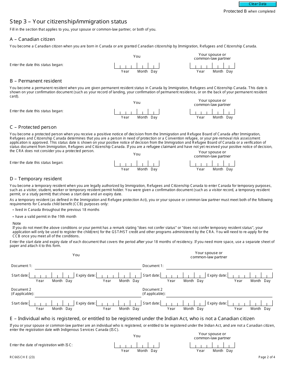 Form RS66SCH Status in Canada and Income Information for the Canada Child Benefits Application - Canada, Page 2