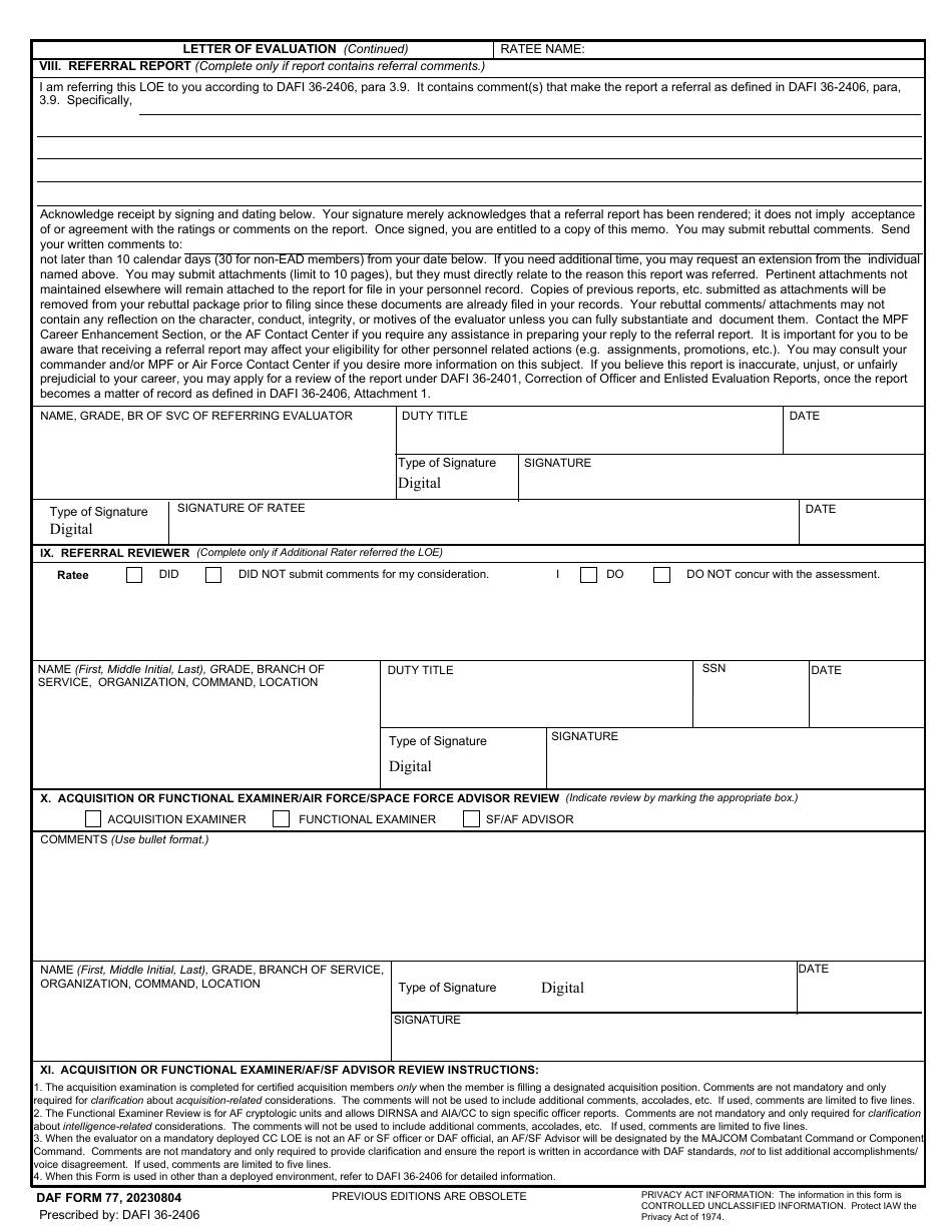 DAF Form 77 Fill Out Sign Online And Download Fillable PDF