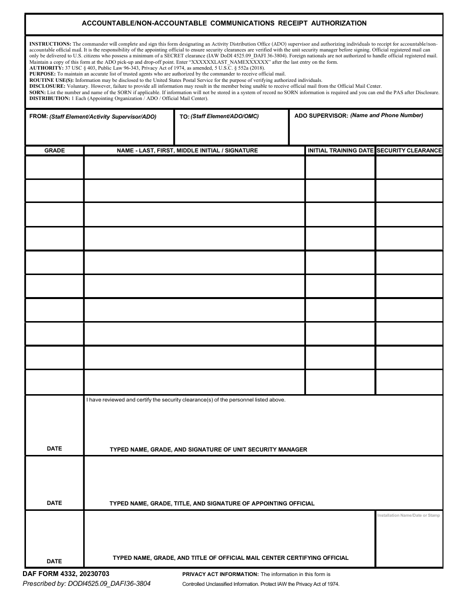 DAF Form 4332 Accountable / Non-accountable Communication Receipt Authorization, Page 1