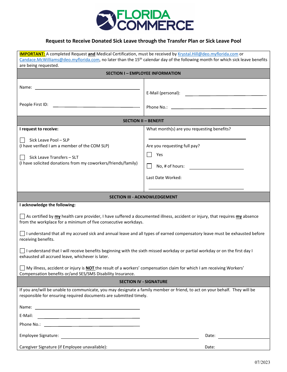 Request to Receive Donated Sick Leave Through the Transfer Plan or Sick Leave Pool - Florida, Page 1