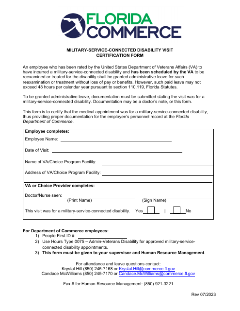 Military-Service-Connected Disability Visit Certification Form - Florida