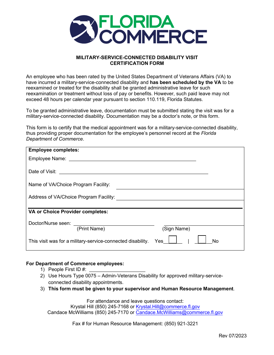 Military-Service-Connected Disability Visit Certification Form - Florida, Page 1