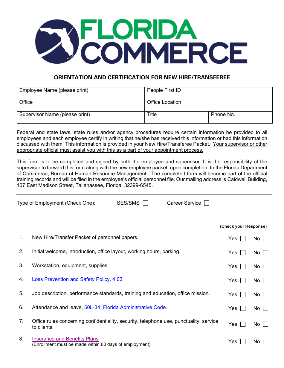 Form COM HRM-8 Orientation and Certification for New Hire / Transferee - Florida, Page 1