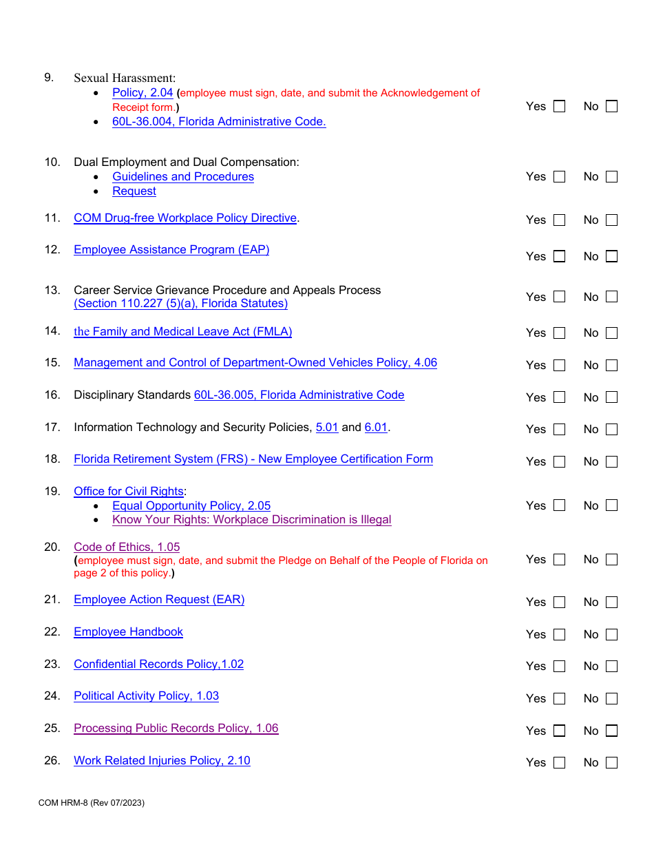 Form COM HRM-8 Orientation and Certification for New Hire / Transferee - Florida, Page 2