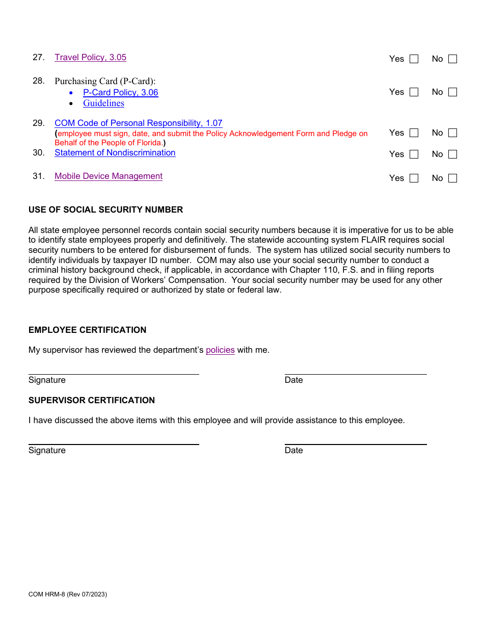 Form COM HRM-8 Orientation and Certification for New Hire / Transferee - Florida, Page 3