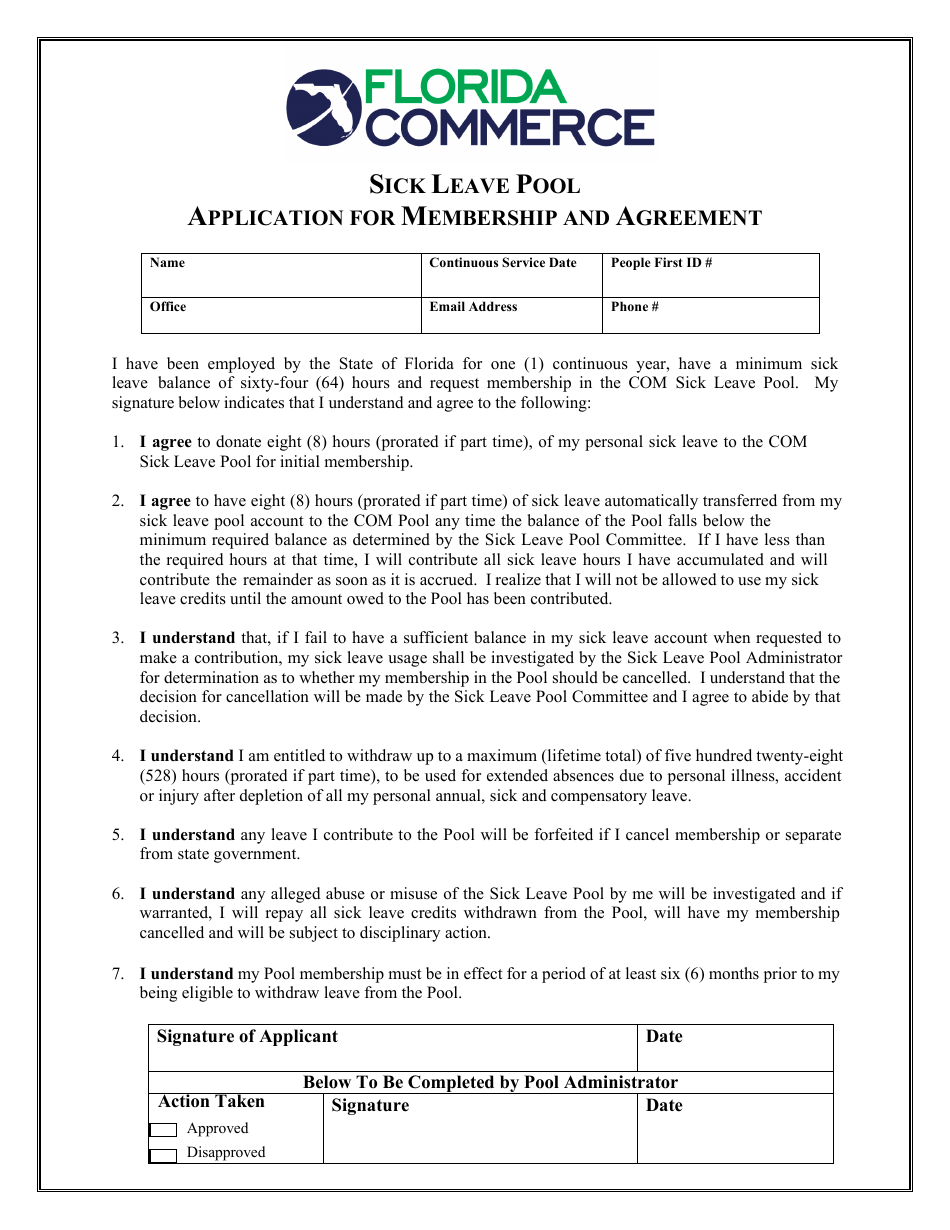 Sick Leave Pool Application for Membership and Agreement - Florida, Page 1
