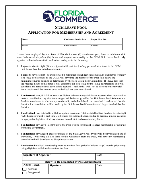 Sick Leave Pool Application for Membership and Agreement - Florida Download Pdf