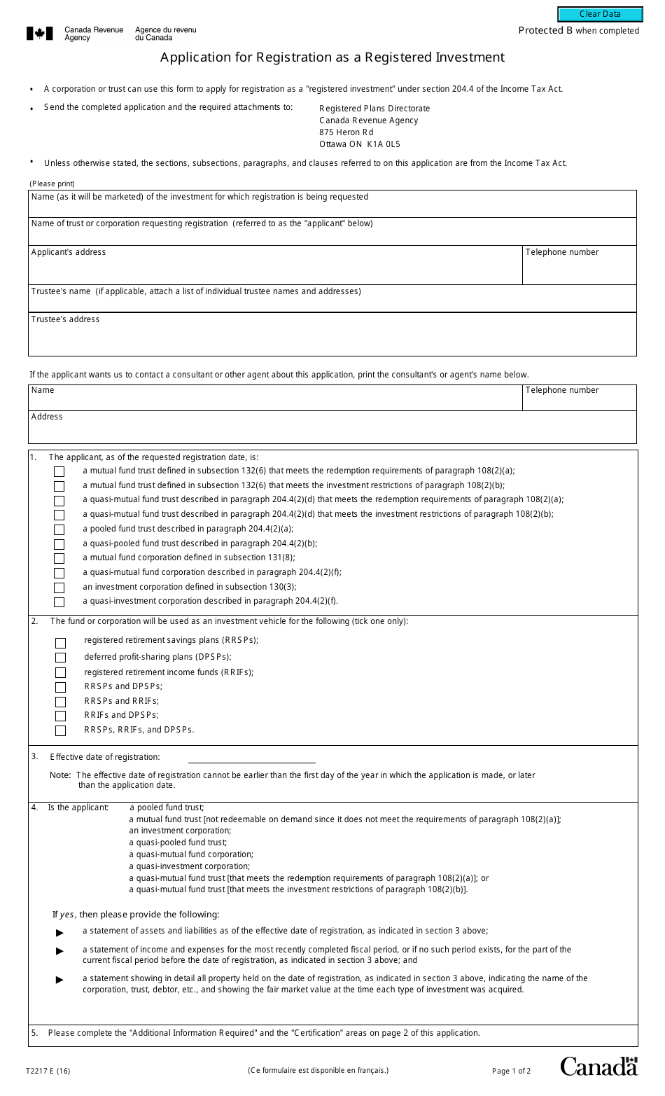 Form T2217 Application for Registration as a Registered Investment - Canada, Page 1