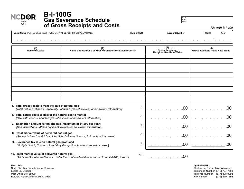 Form B-I-100G Gas Severance Schedule of Gross Receipts and Costs - North Carolina, Page 2