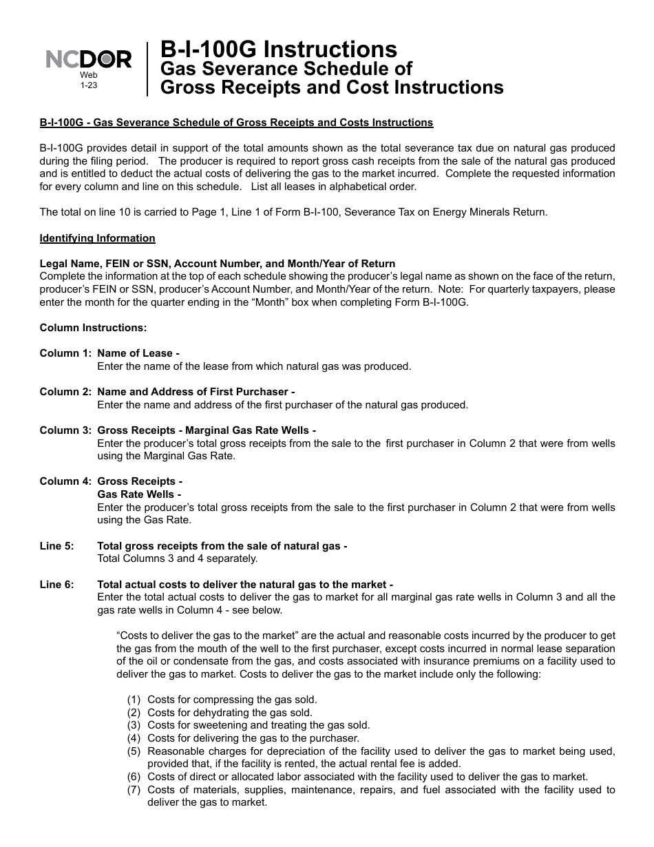 Instructions for Form B-I-100G Gas Severance Schedule of Gross Receipts and Costs - North Carolina, Page 1