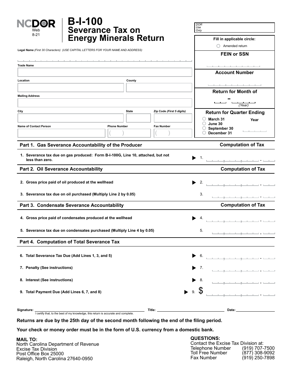 Form B-I-100 Severance Tax on Energy Minerals Return - North Carolina, Page 2