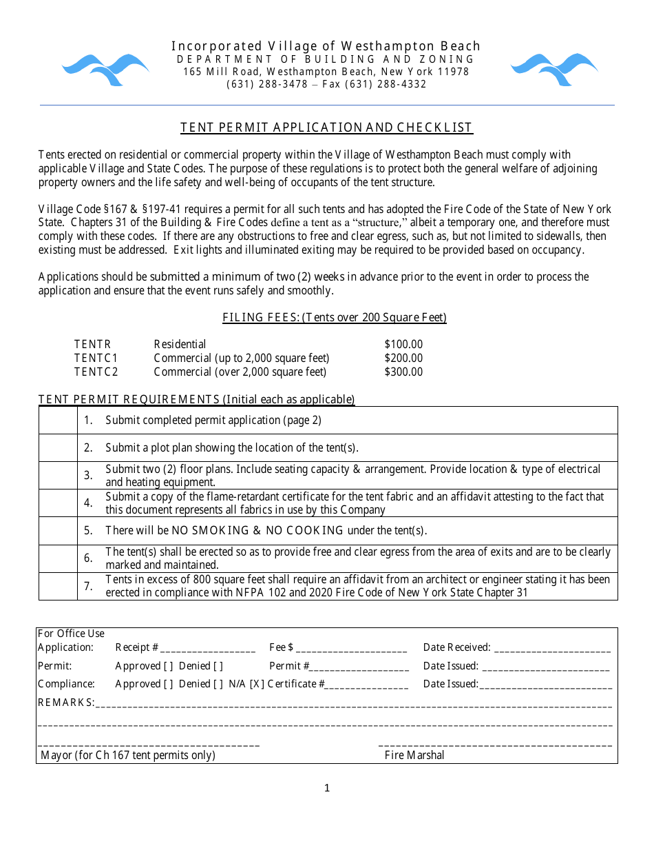 Tent Permit Application and Checklist - New York, Page 1
