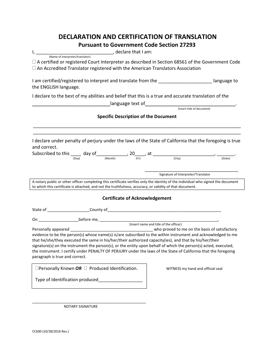 Form CC600 Declaration and Certification of Translation - County of San Diego, California, Page 1