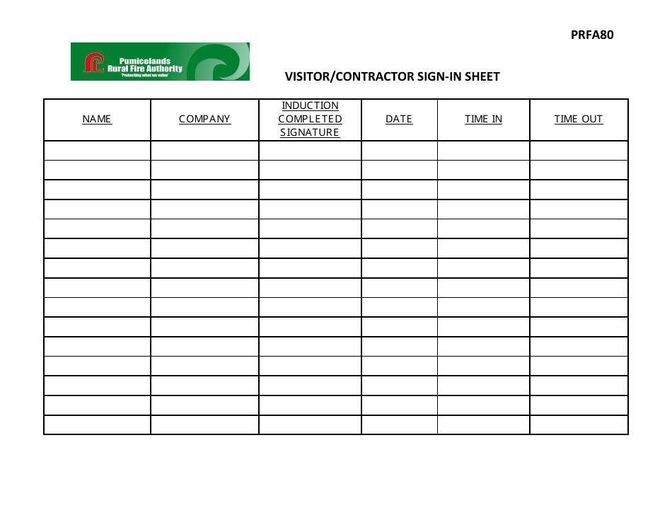 A preview of a Visitor/Contractor Sign-In Sheet document designed for the Pumicelands Rutal Fire Authority.