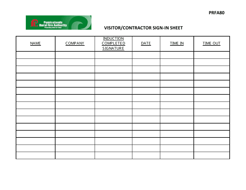 Visitor/Contractor Sign-In Sheet - Pumicelands Rutal Fire Authority