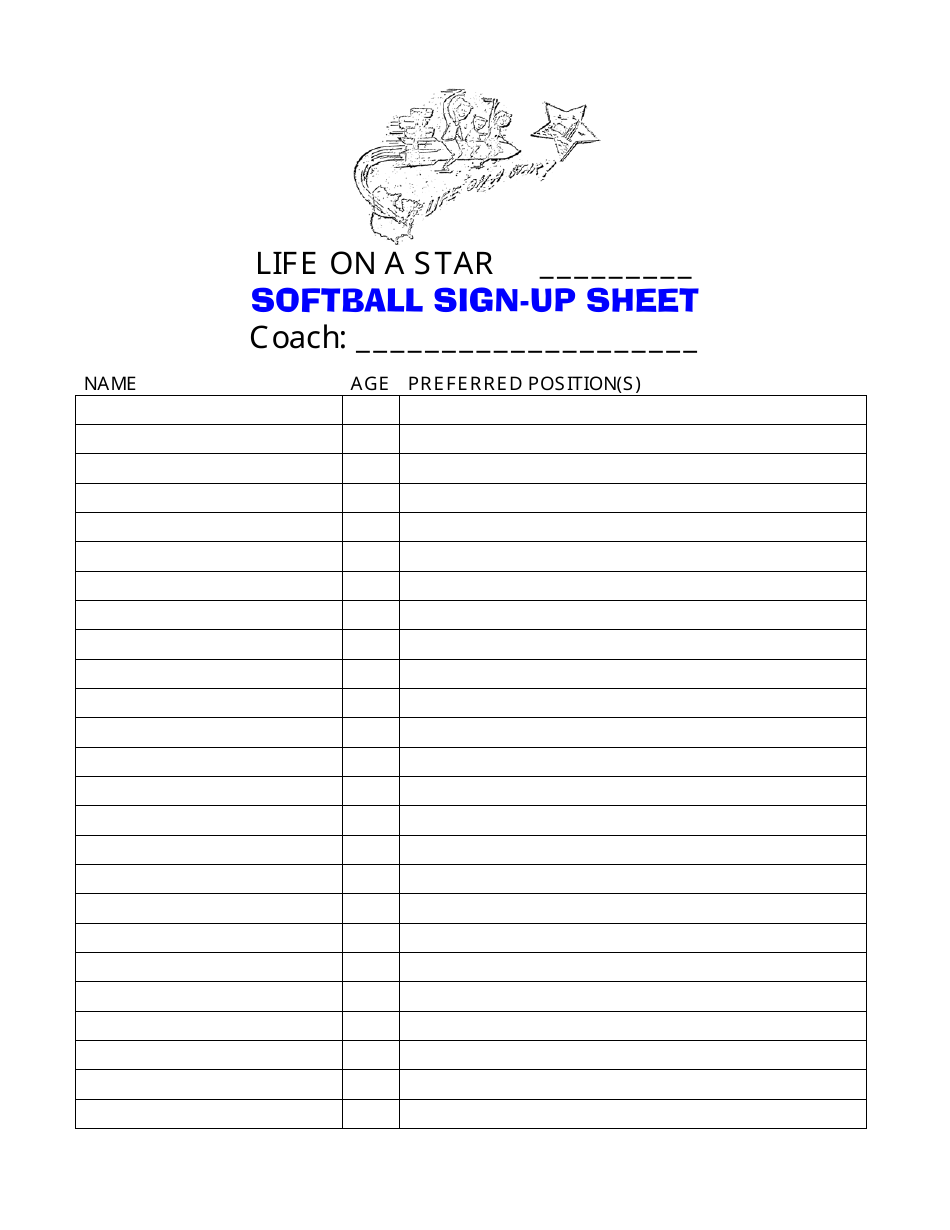 Softball Sign-Up Sheet - Life on a Star