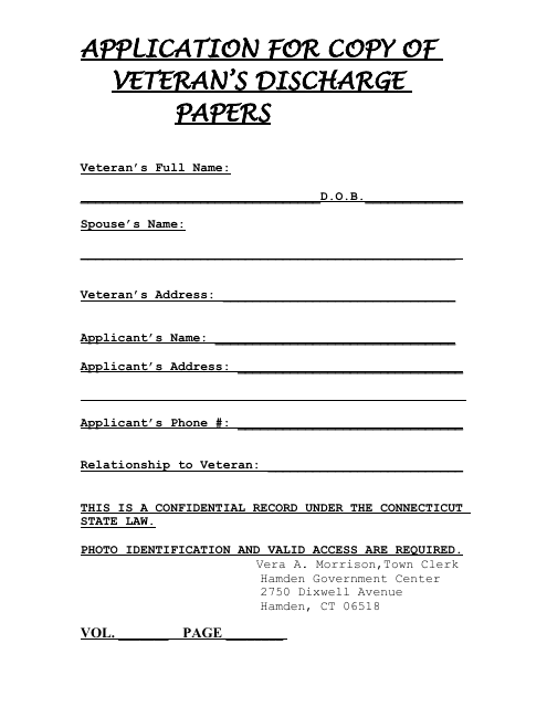 Application Form for Copy of Veteran's Discharge Papers - Connecticut Download Pdf