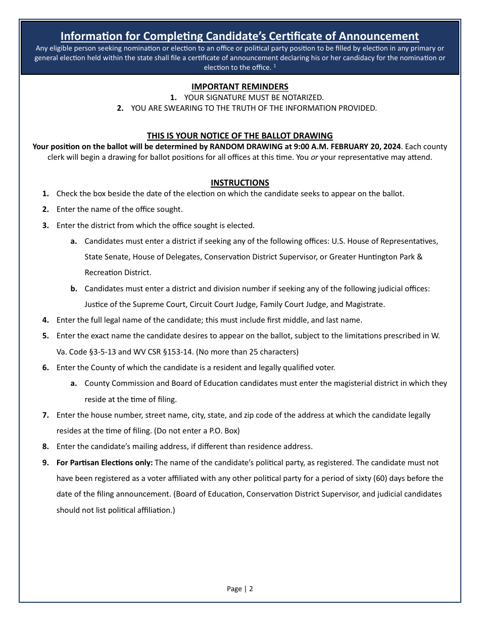 Candidates Certificate of Announcement for Elections - West Virginia, Page 2