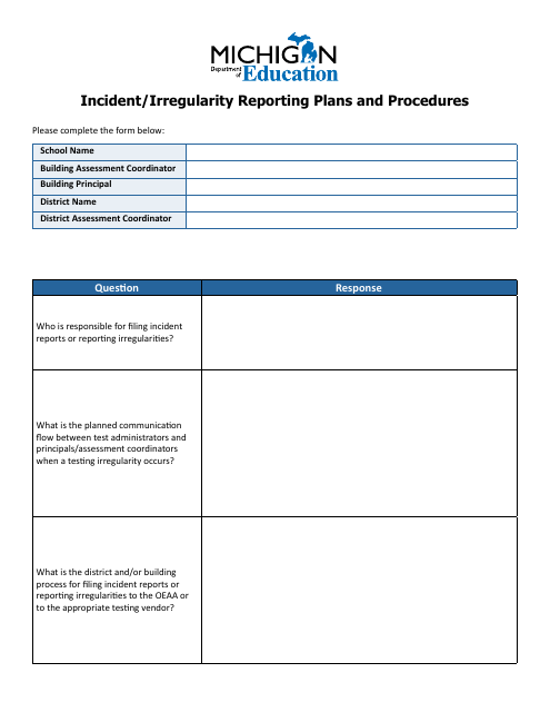 Incident/Irregularity Reporting Plans and Procedures - Michigan
