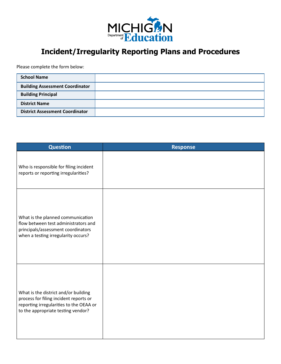 Incident / Irregularity Reporting Plans and Procedures - Michigan, Page 1