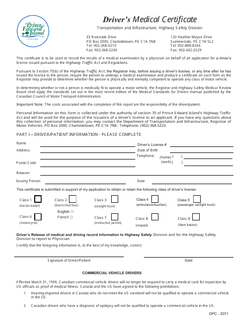 Form DPC-2071 Driver's Medical Certificate - Prince Edward Island, Canada
