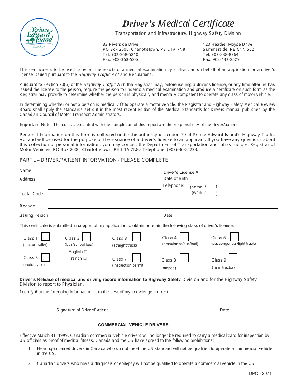 Form DPC-2071 Drivers Medical Certificate - Prince Edward Island, Canada, Page 1