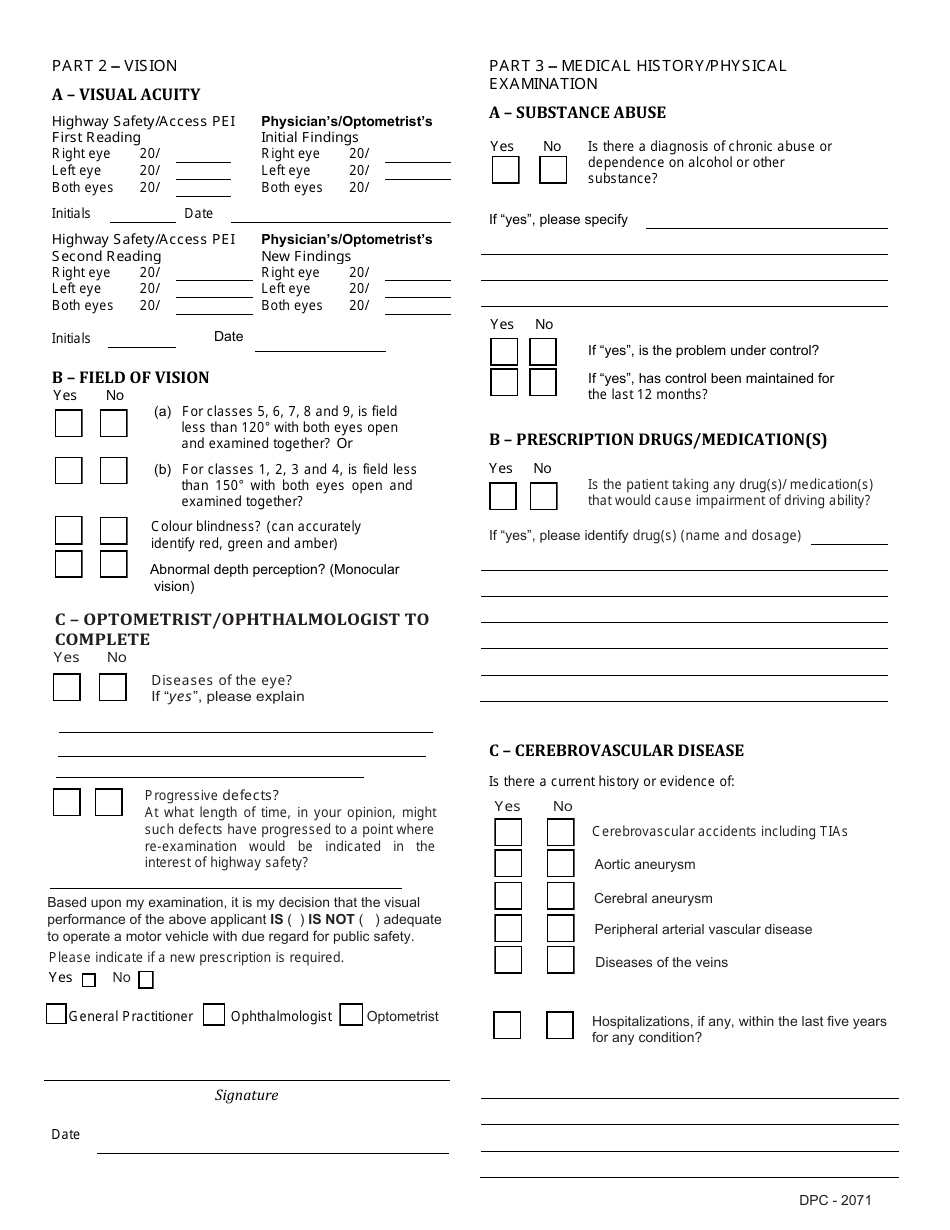 Form DPC-2071 Drivers Medical Certificate - Prince Edward Island, Canada, Page 2