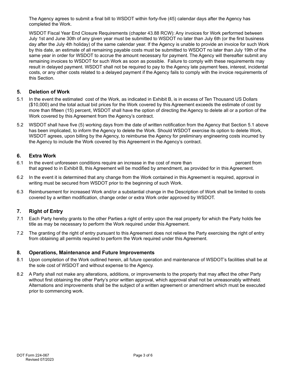DOT Form 224-067 Wsdot Participating Agreement - Work by Public Agency - Washington, Page 3