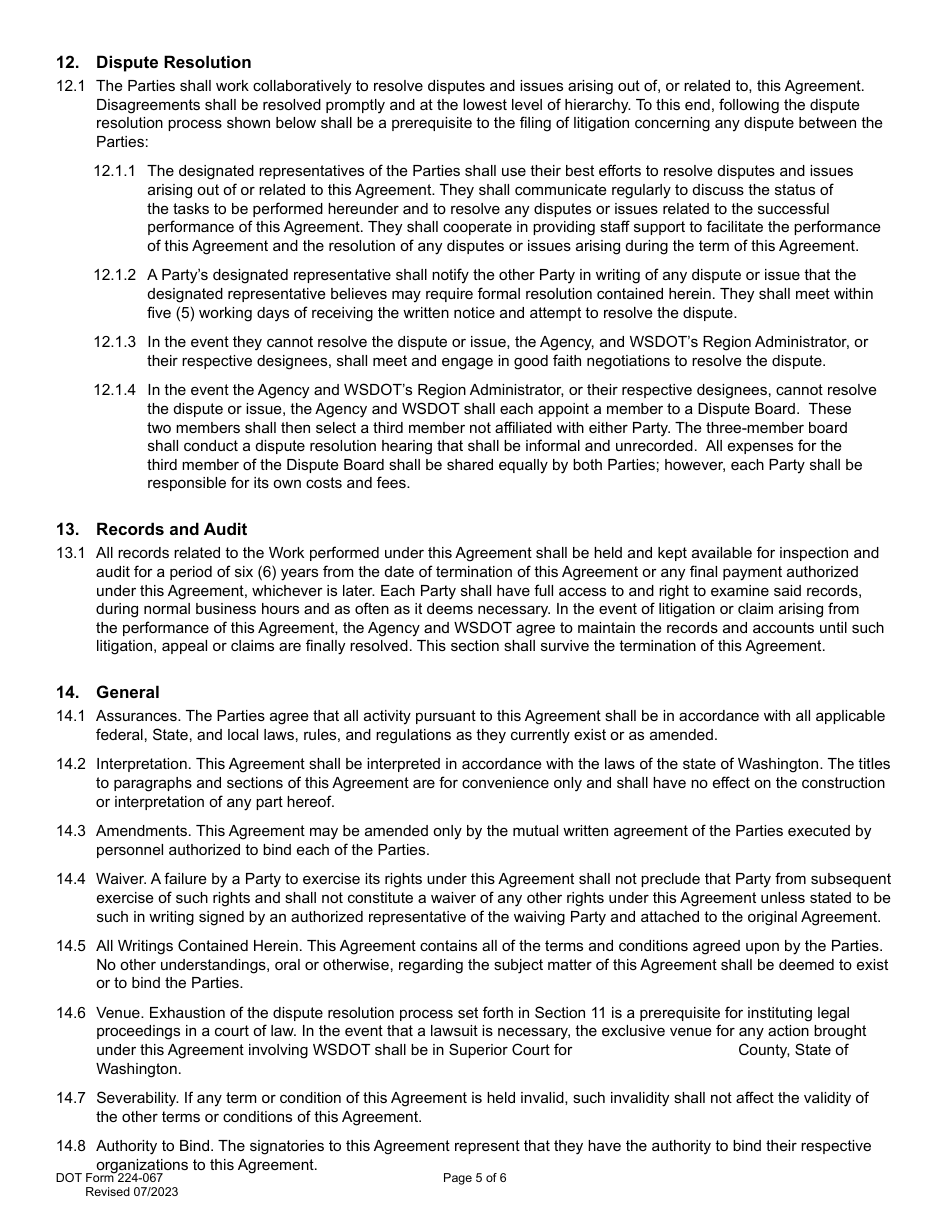 DOT Form 224-067 Wsdot Participating Agreement - Work by Public Agency - Washington, Page 5