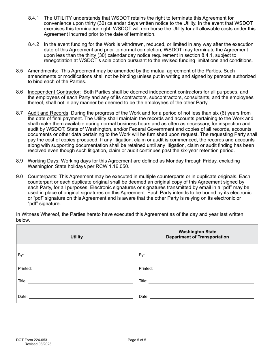 DOT Form 224-053 Utility Construction Agreement - Work by Utility - Wsdot Cost - Washington, Page 5