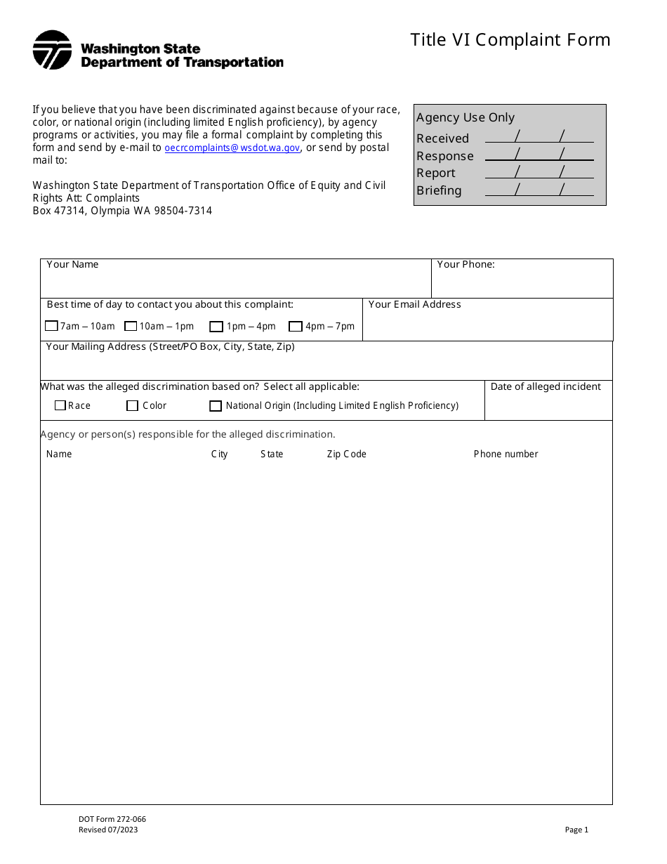 DOT Form 272-066 Title VI Complaint Form - Washington, Page 1