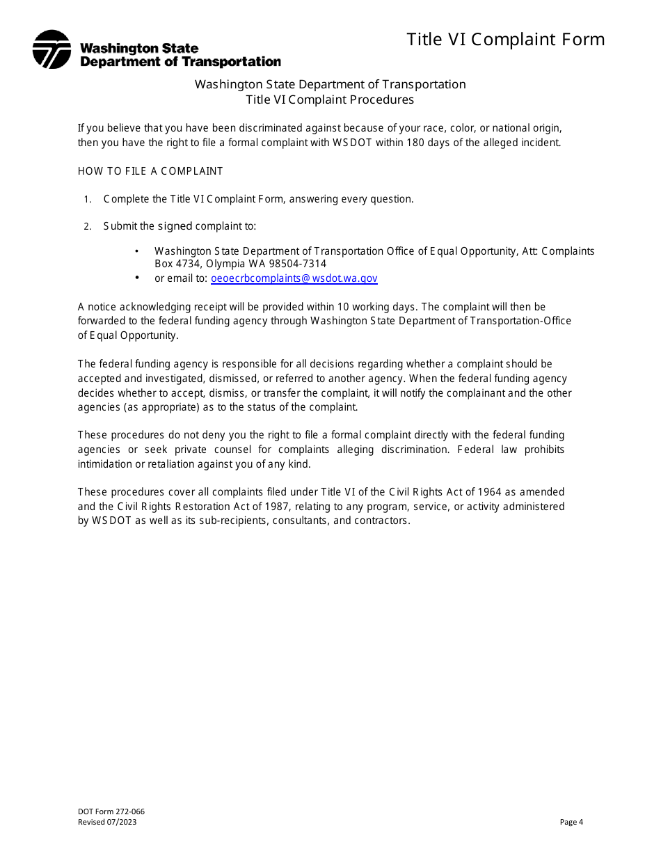 DOT Form 272-066 Title VI Complaint Form - Washington, Page 4