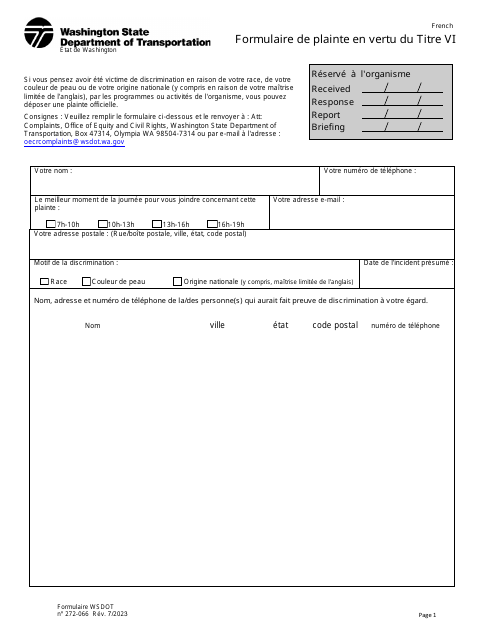 DOT Form 272-066 Title VI Complaint Form - Washington (French)