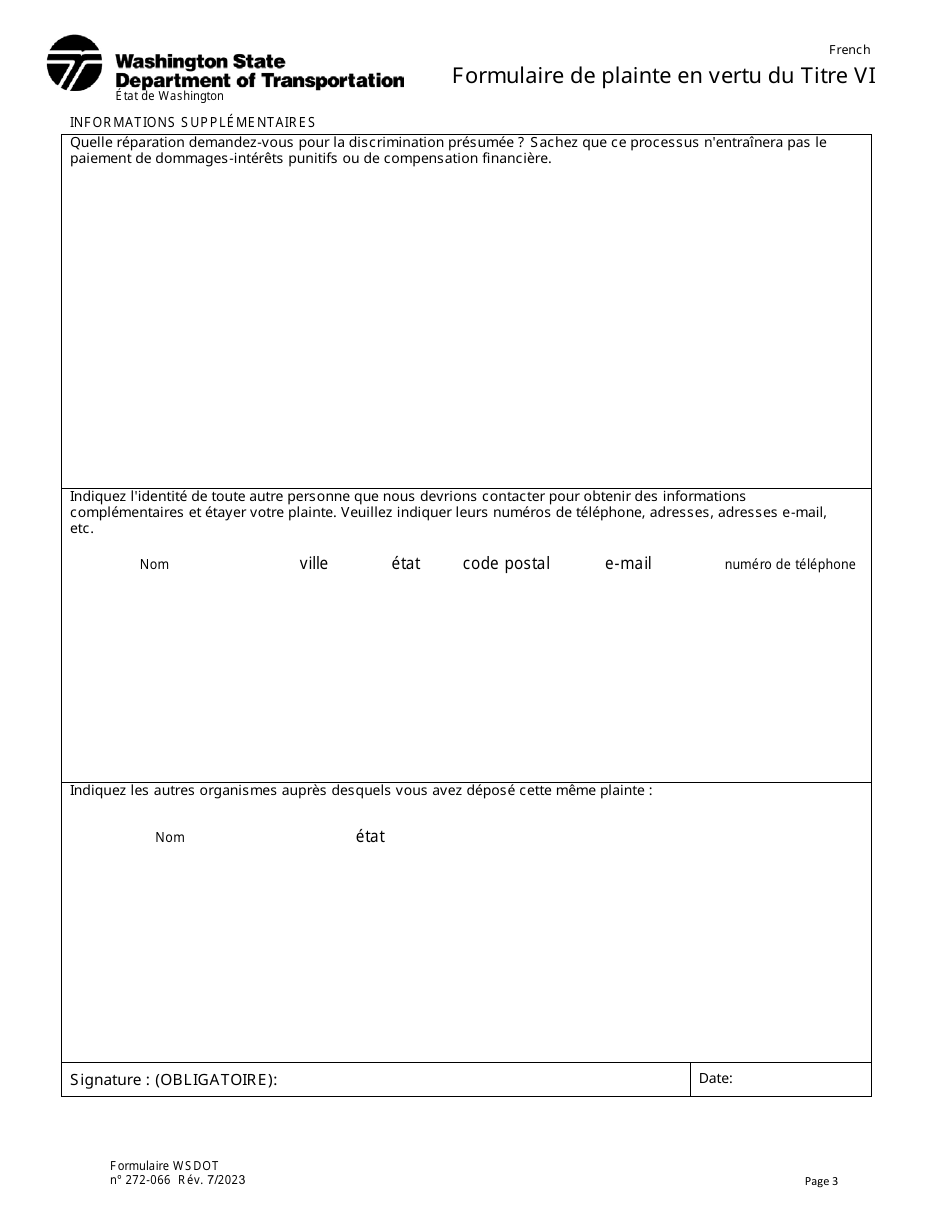 DOT Form 272-066 Title VI Complaint Form - Washington (French), Page 3