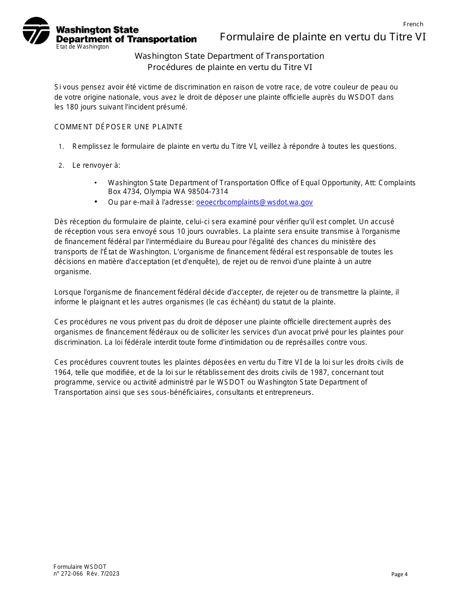DOT Form 272-066 Title VI Complaint Form - Washington (French), Page 4