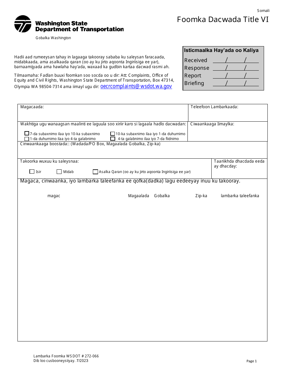 DOT Form 272-066 Title VI Complaint Form - Washington (Somali), Page 1