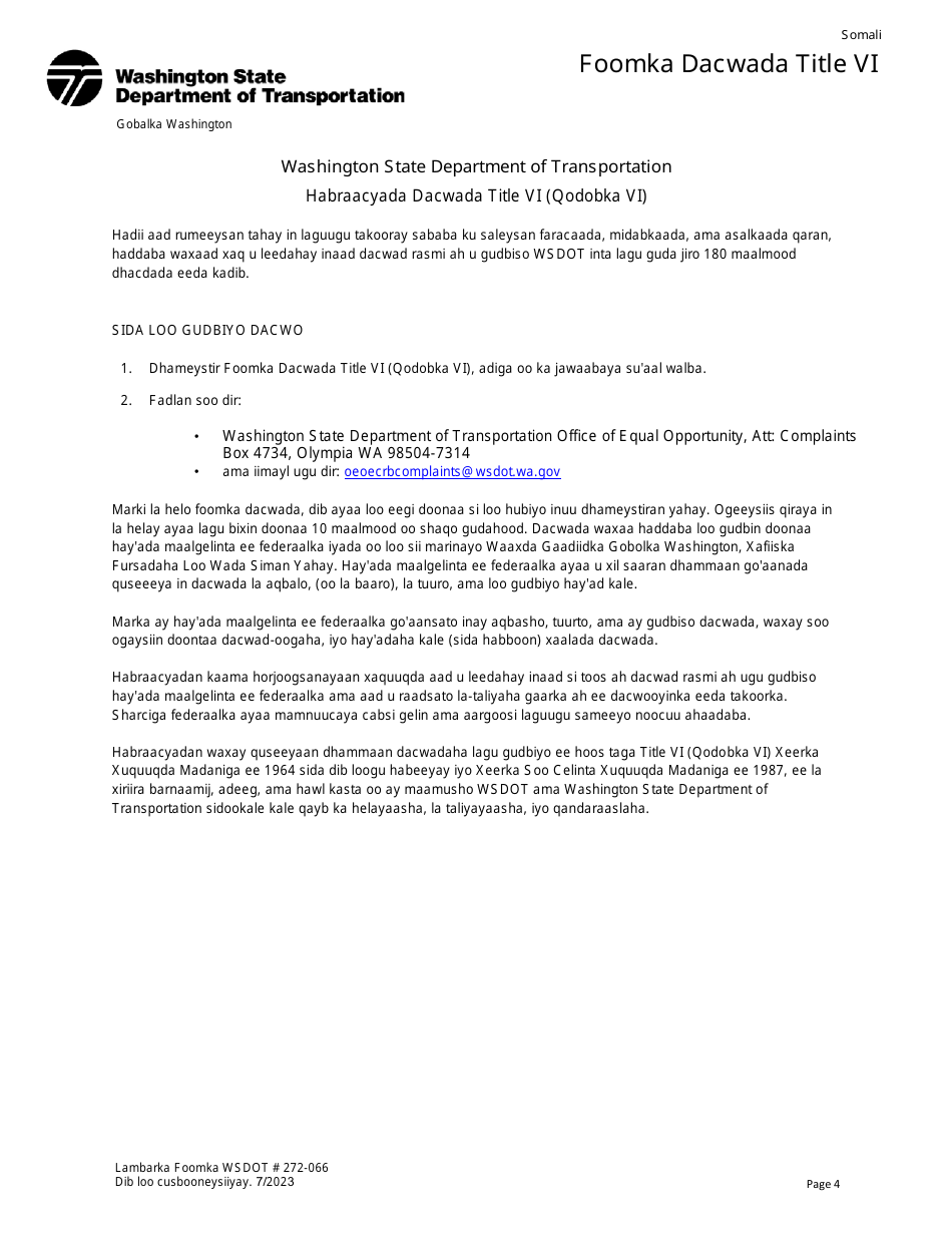 DOT Form 272-066 Title VI Complaint Form - Washington (Somali), Page 4