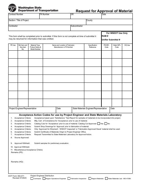 DOT Form 350-071 Request for Approval of Material - Washington