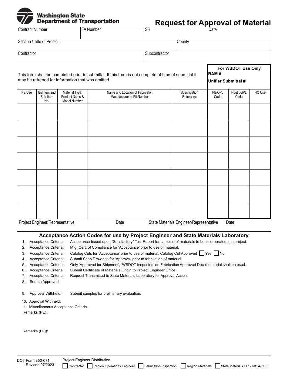 DOT Form 350-071 Request for Approval of Material - Washington, Page 1