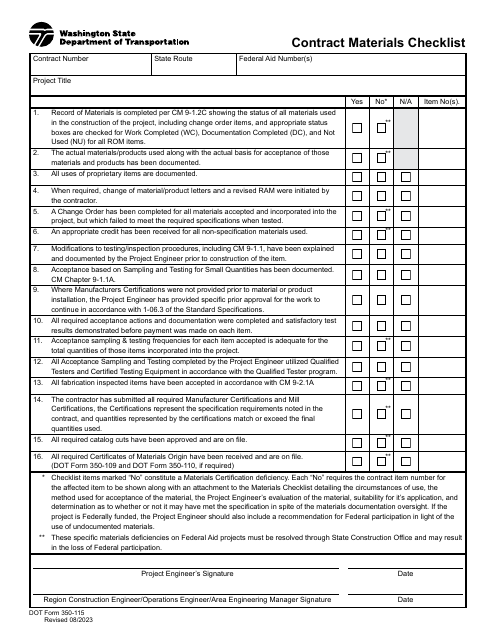 DOT Form 350-115 Contract Materials Checklist - Washington