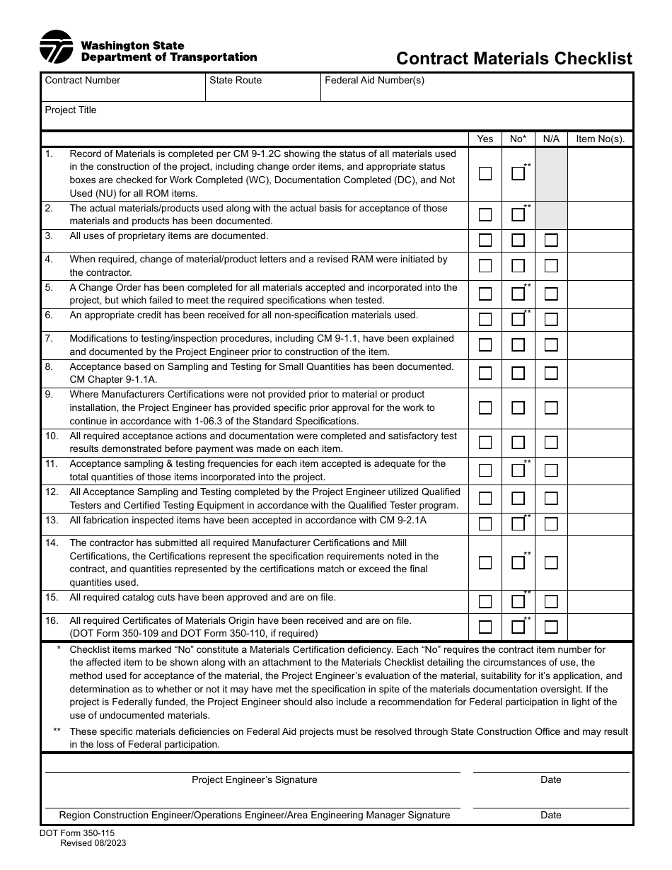 DOT Form 350-115 Contract Materials Checklist - Washington, Page 1