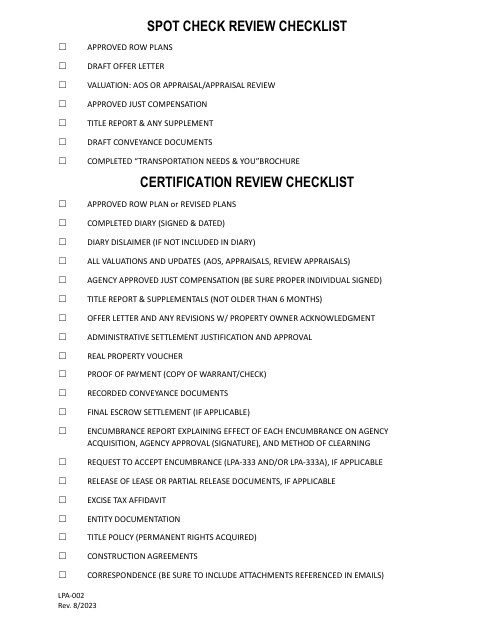 Form LPA-002 Spot Check & Certification Review Checklists - Washington