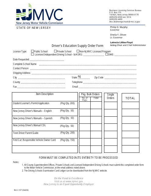 Form BLS-157 Driver's Education Supply Order Form - New Jersey