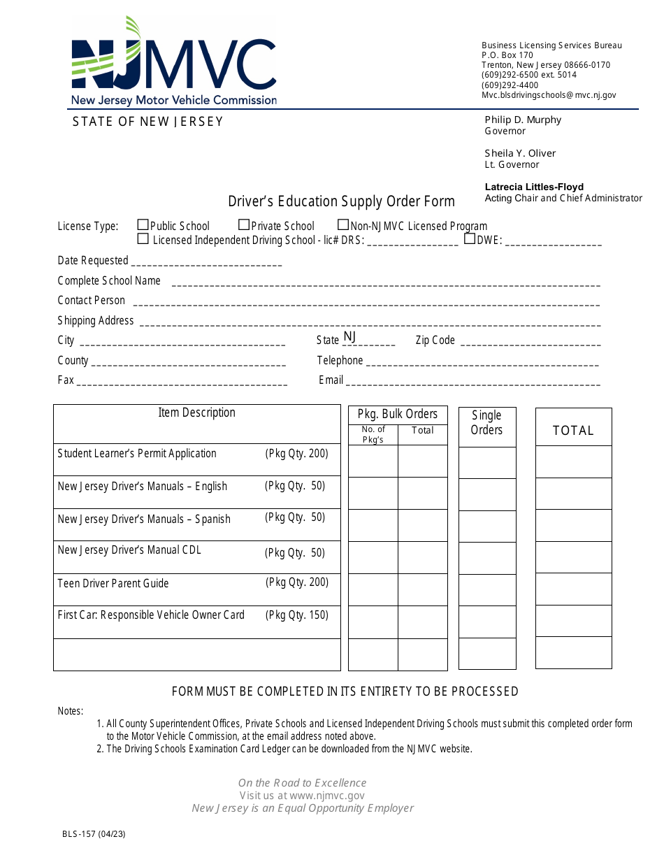 Form BLS-157 Drivers Education Supply Order Form - New Jersey, Page 1