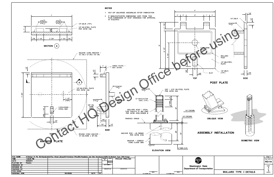 Form RD-14 Bollard Type 3 Plan Sheet - Washington, Page 1