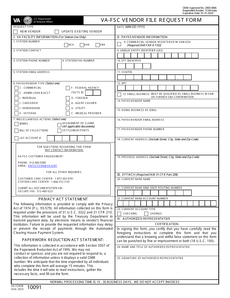 VA Form 10091 Download Fillable PDF or Fill Online VA-FSC Vendor File ...