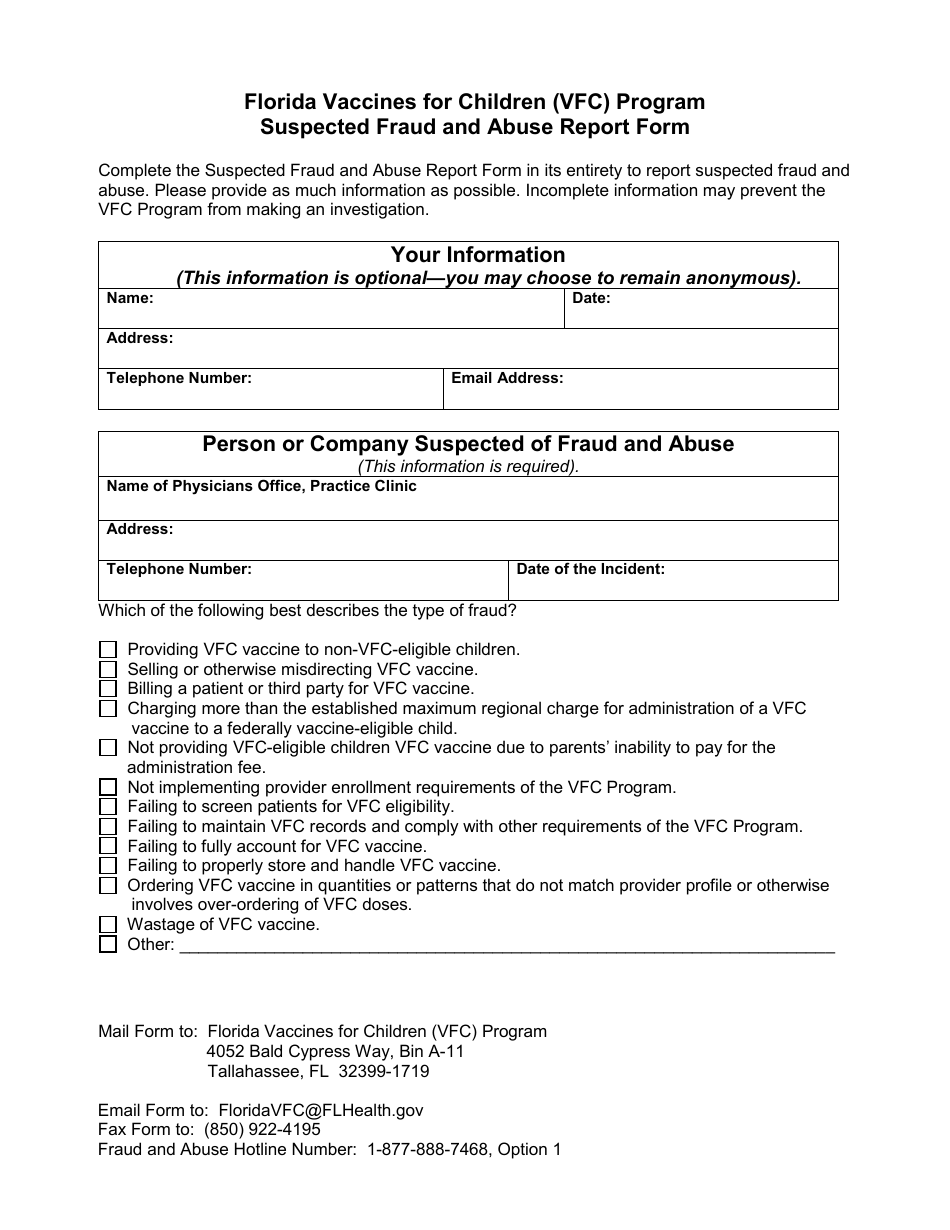 Suspected Fraud and Abuse Report Form - Florida Vaccines for Children (Vfc) Program - Florida, Page 1