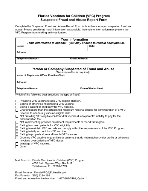 Suspected Fraud and Abuse Report Form - Florida Vaccines for Children (Vfc) Program - Florida Download Pdf
