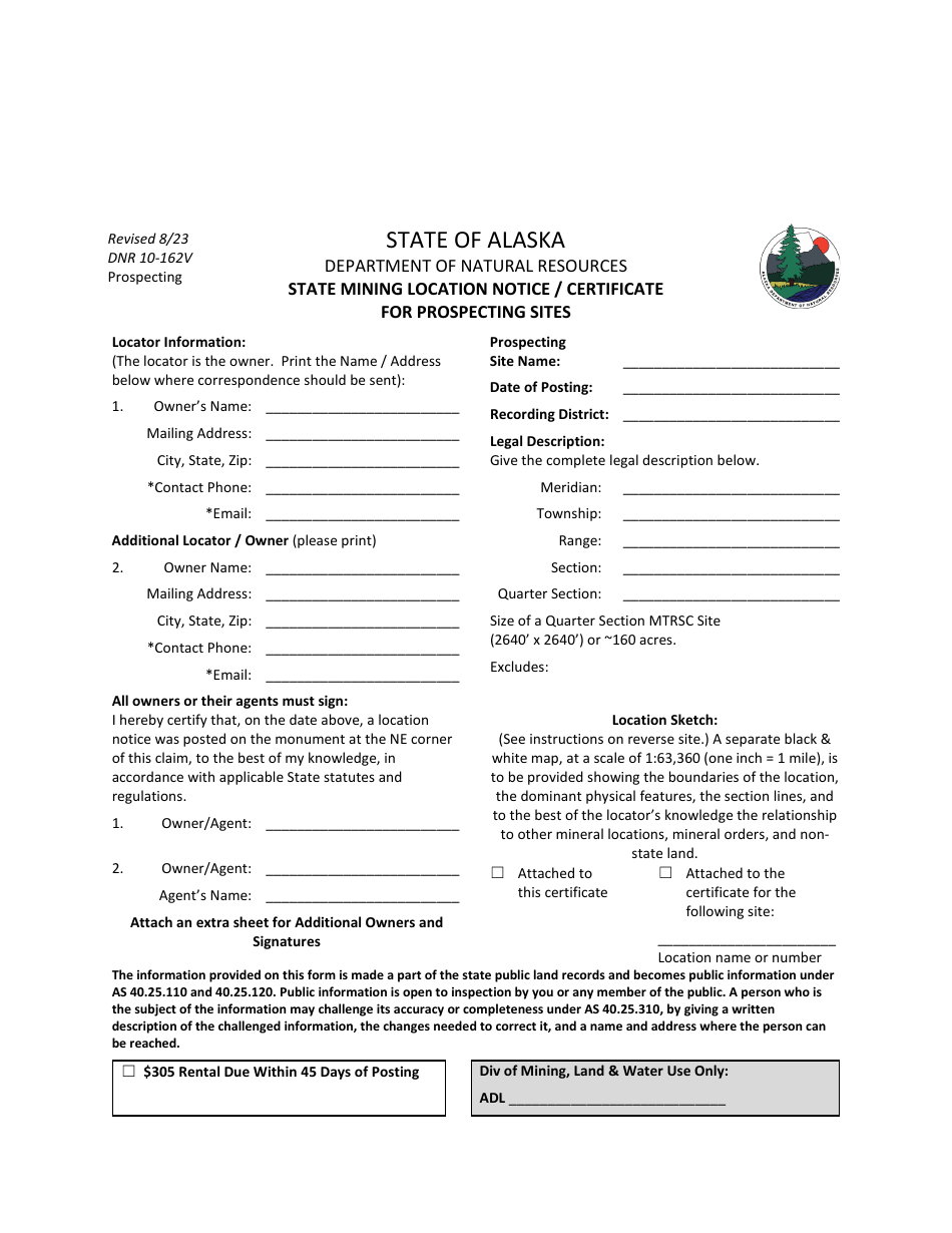 Form DNR10-162V State Mining Location Notice / Certificate for Prospecting Sites - Alaska, Page 1