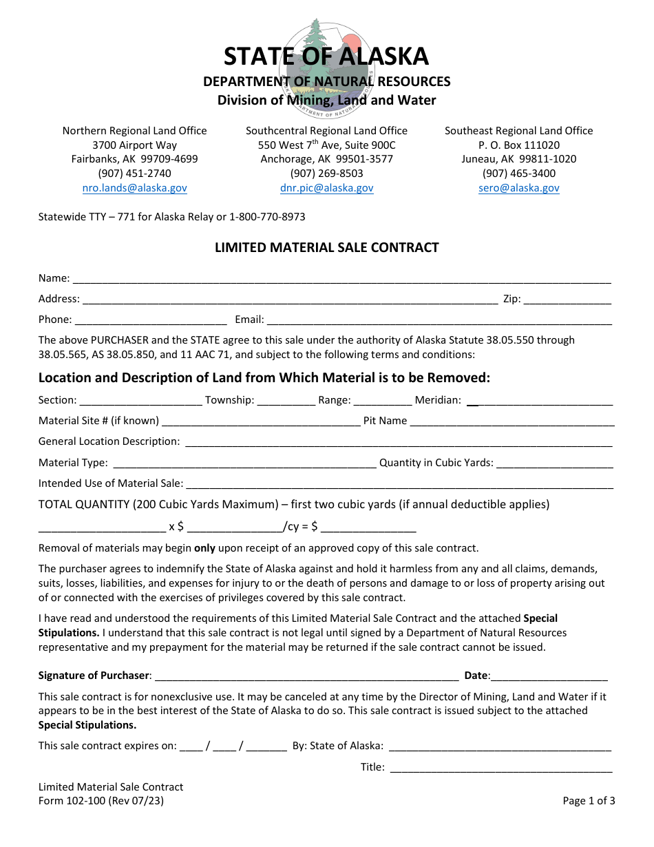 Form 102-100 Limited Material Sale Contract - Alaska, Page 1